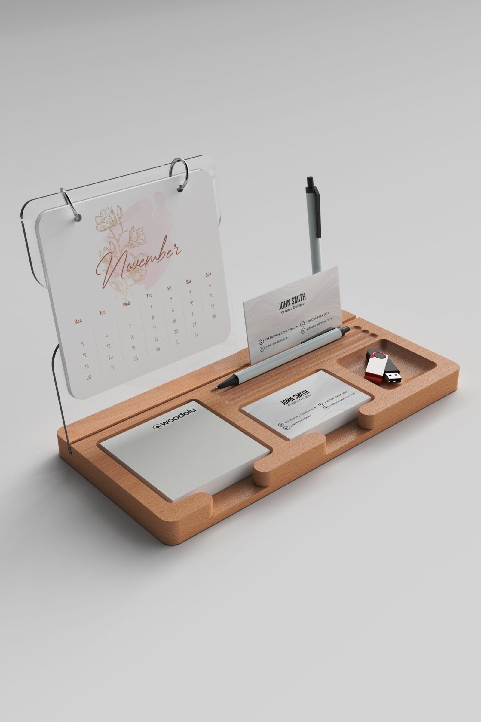 CW-45 Ahşap Masa Takvimi - Metal Logo Çift Organizer | Woodolu